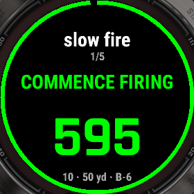 A Bullseye course firing, with the rounds, distance and target under the clock